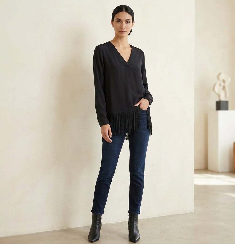 Habit Womens Silk Blouse Top Small Black Fringed Boho Career Office Workwear